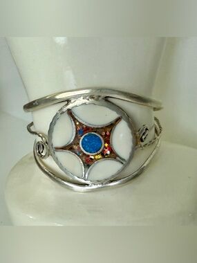 Vintage Mosaic Inlay Star Alpaca Silver Mexico Cuff Bracelet